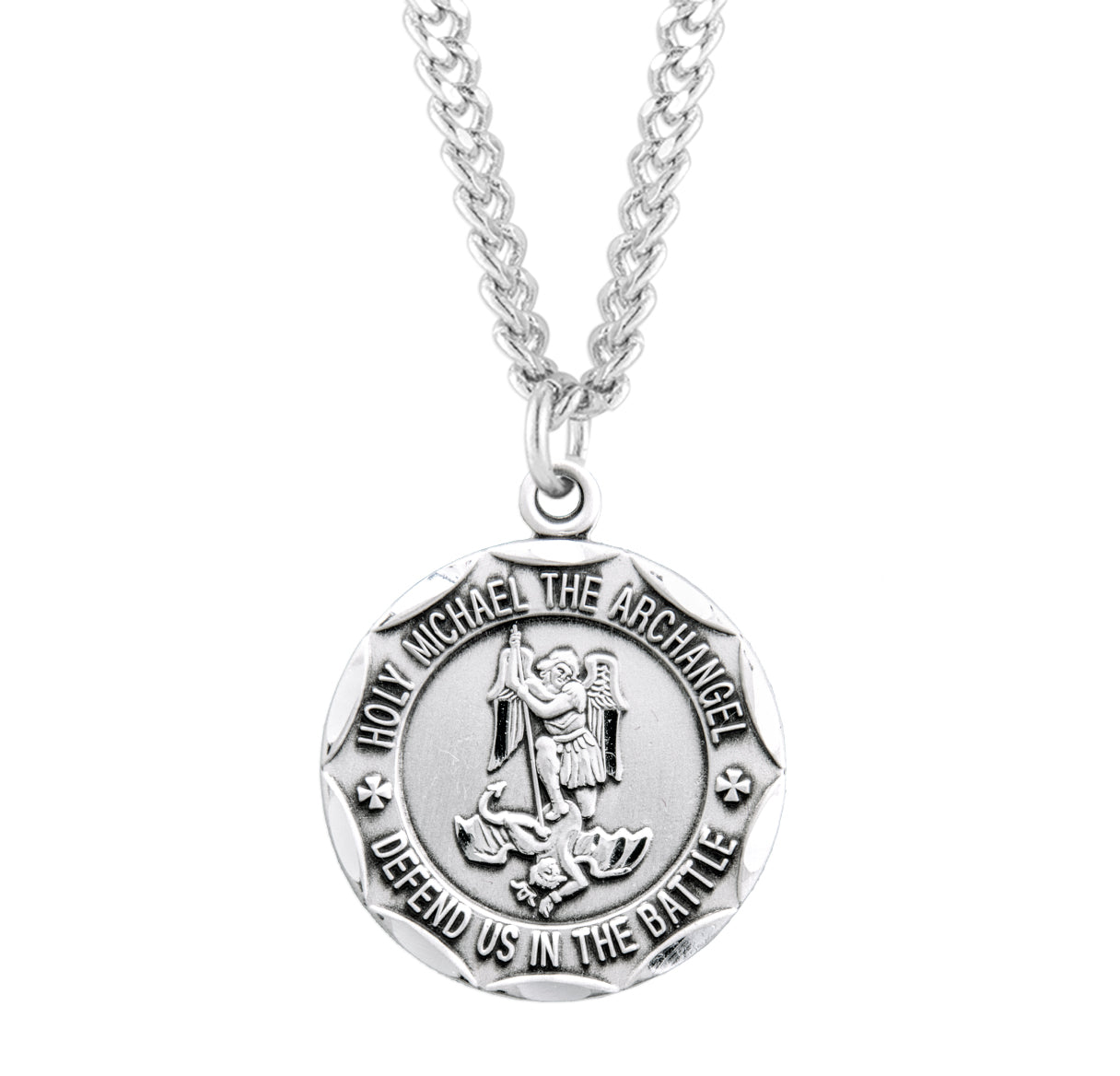 Saint Michael the Archangel Slaying Demon Round Sterling Silver Military Medal Pendant with Chain