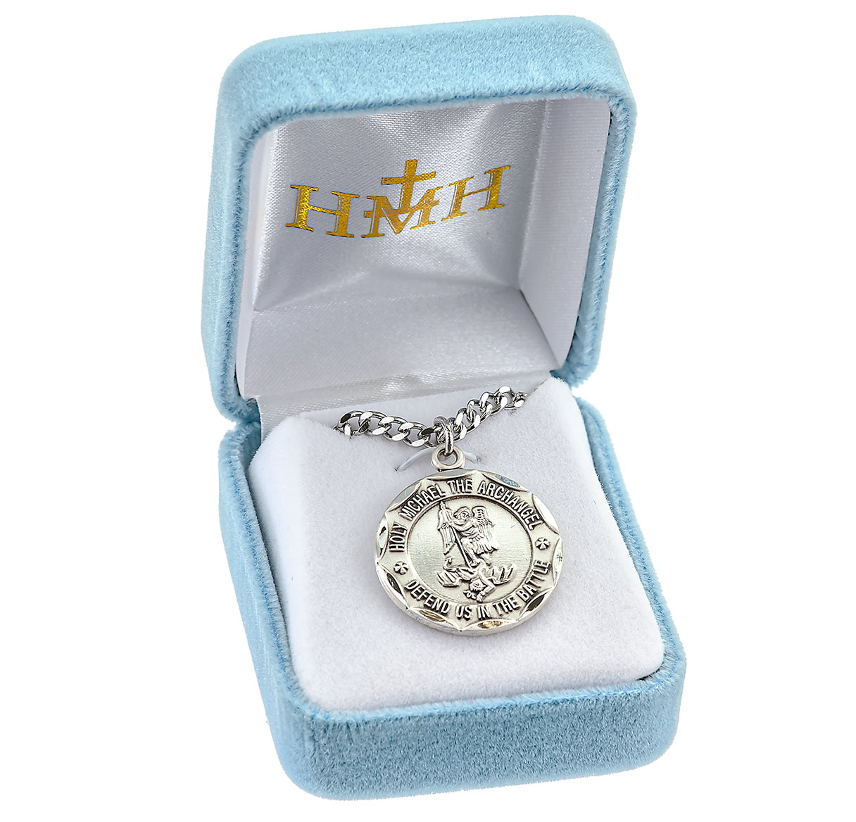 Saint Michael the Archangel Slaying Demon Round Sterling Silver Military Medal Pendant with Chain