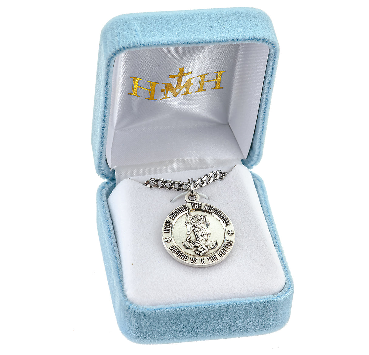 Saint Michael the Archangel Slaying Demon Round Sterling Silver Medal Pendant with Chain