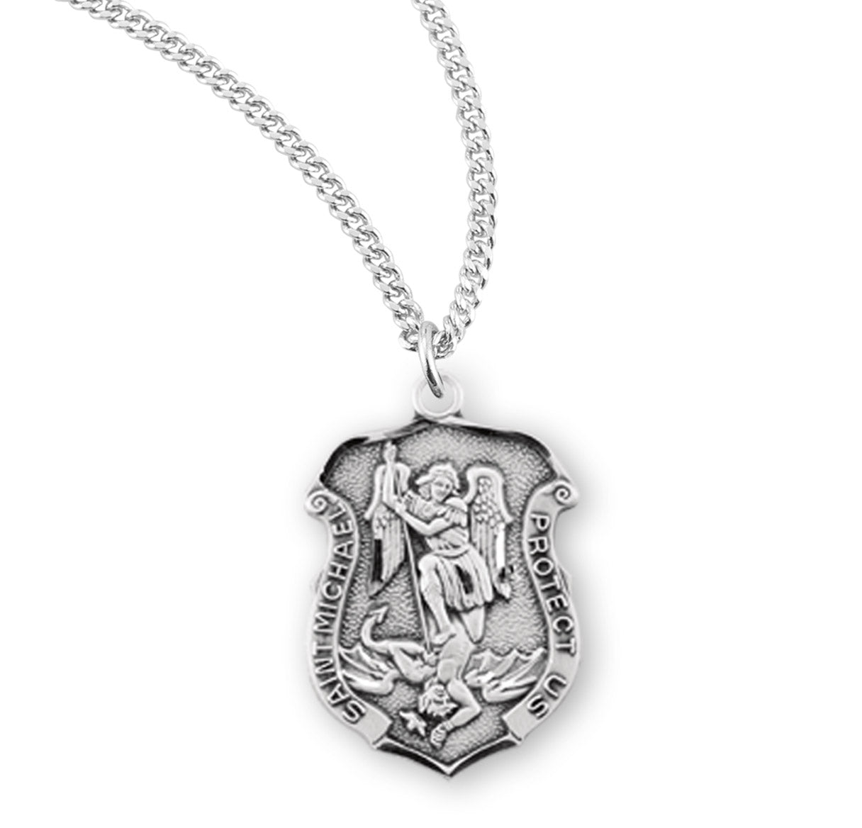 Saint Michael the Archangel Slaying Demon Sterling Silver Badge Medal Pendant with Chain
