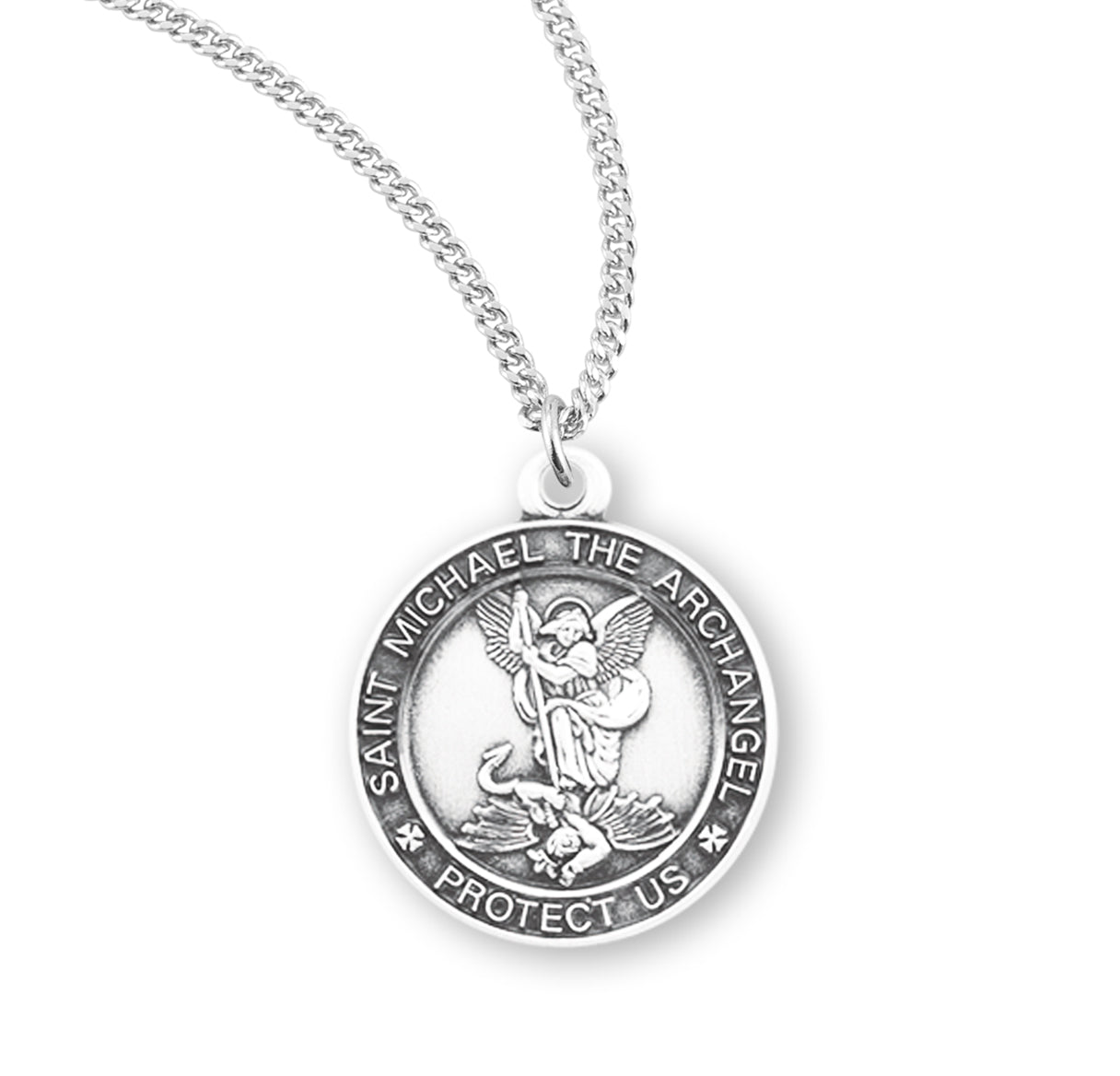 Saint Michael the Archangel Slaying Demon Round Sterling Silver Medal Pendant with Chain