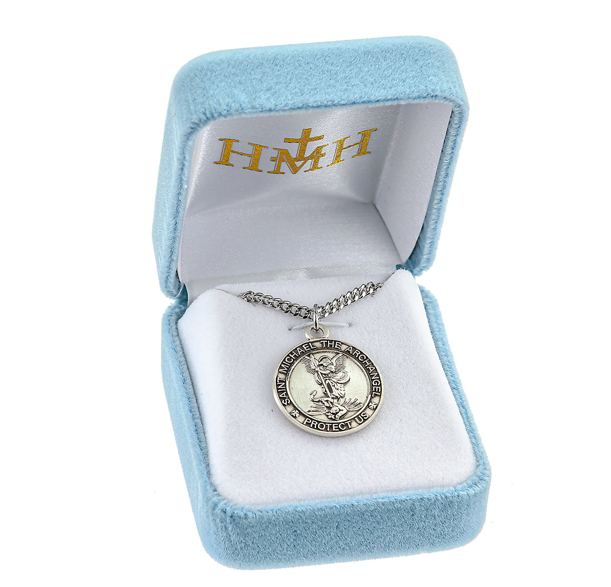 Saint Michael the Archangel Slaying Demon Round Sterling Silver Medal Pendant with Chain