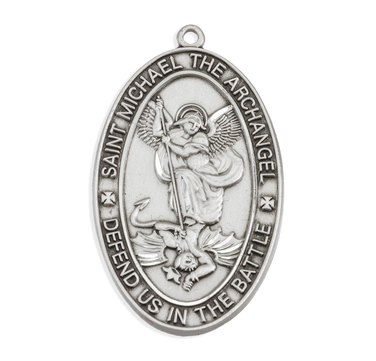 Saint Michael the Archangel Slaying Demon Oval Sterling Silver Medal Pendant with Chain