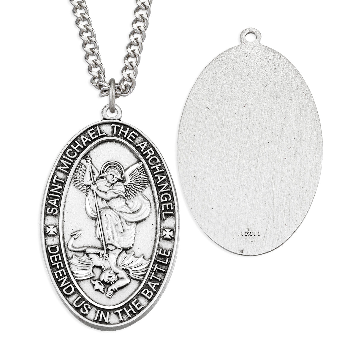 Saint Michael the Archangel Slaying Demon Oval Sterling Silver Medal Pendant with Chain