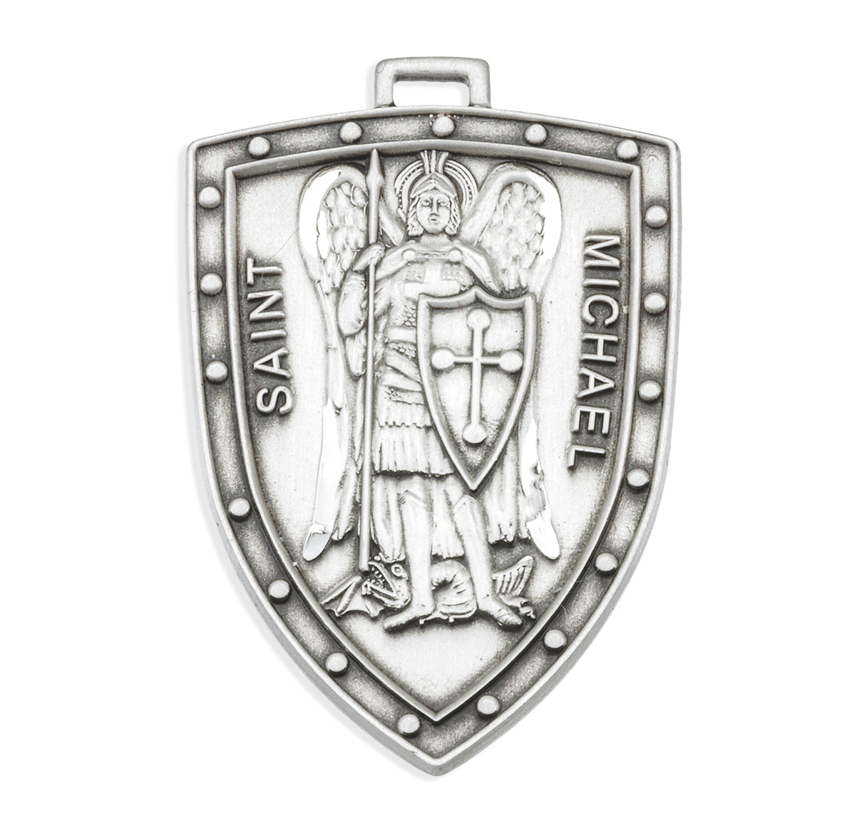 Saint Michael the Archangel Slaying Demon Sterling Silver Shield Medal Pendant with Chain