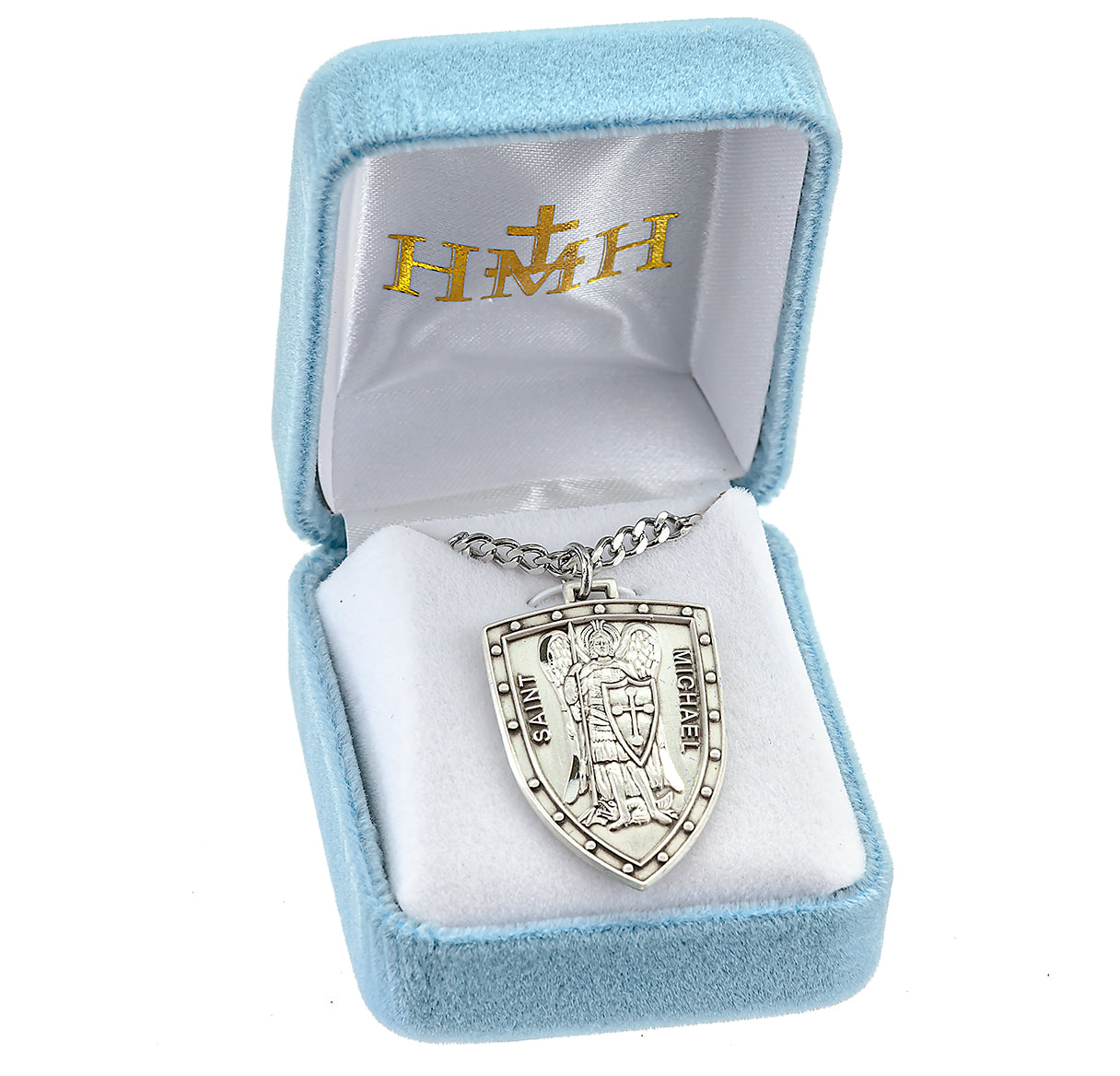 Saint Michael the Archangel Slaying Demon Sterling Silver Shield Medal Pendant with Chain