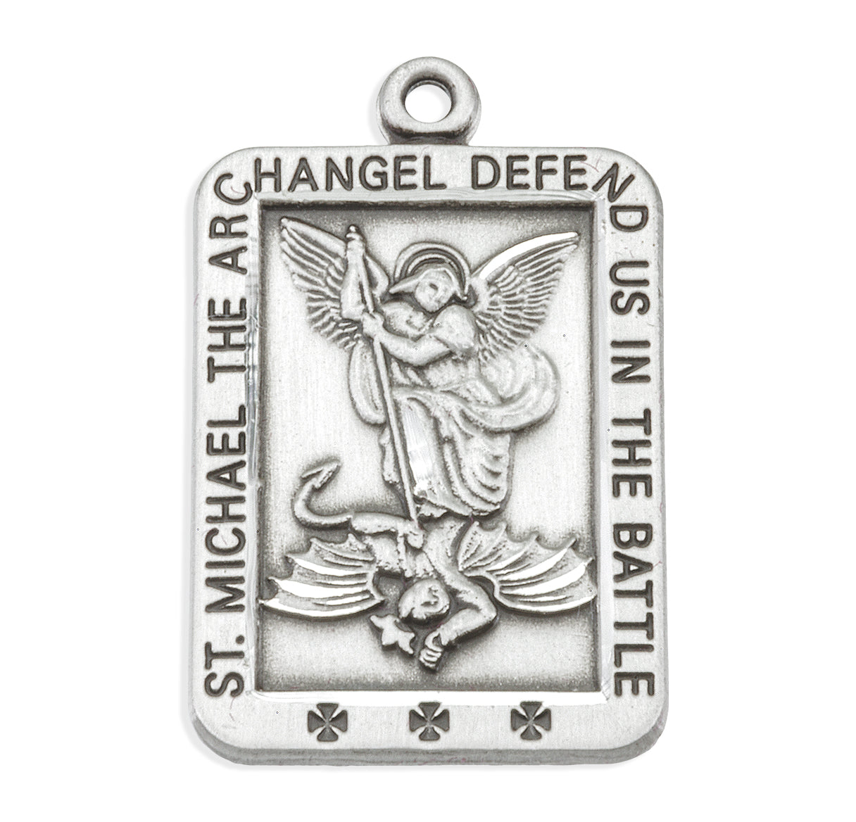 Saint Michael the Archangel Slaying Demon Rectangle Sterling Silver Medal Pendant with Chain