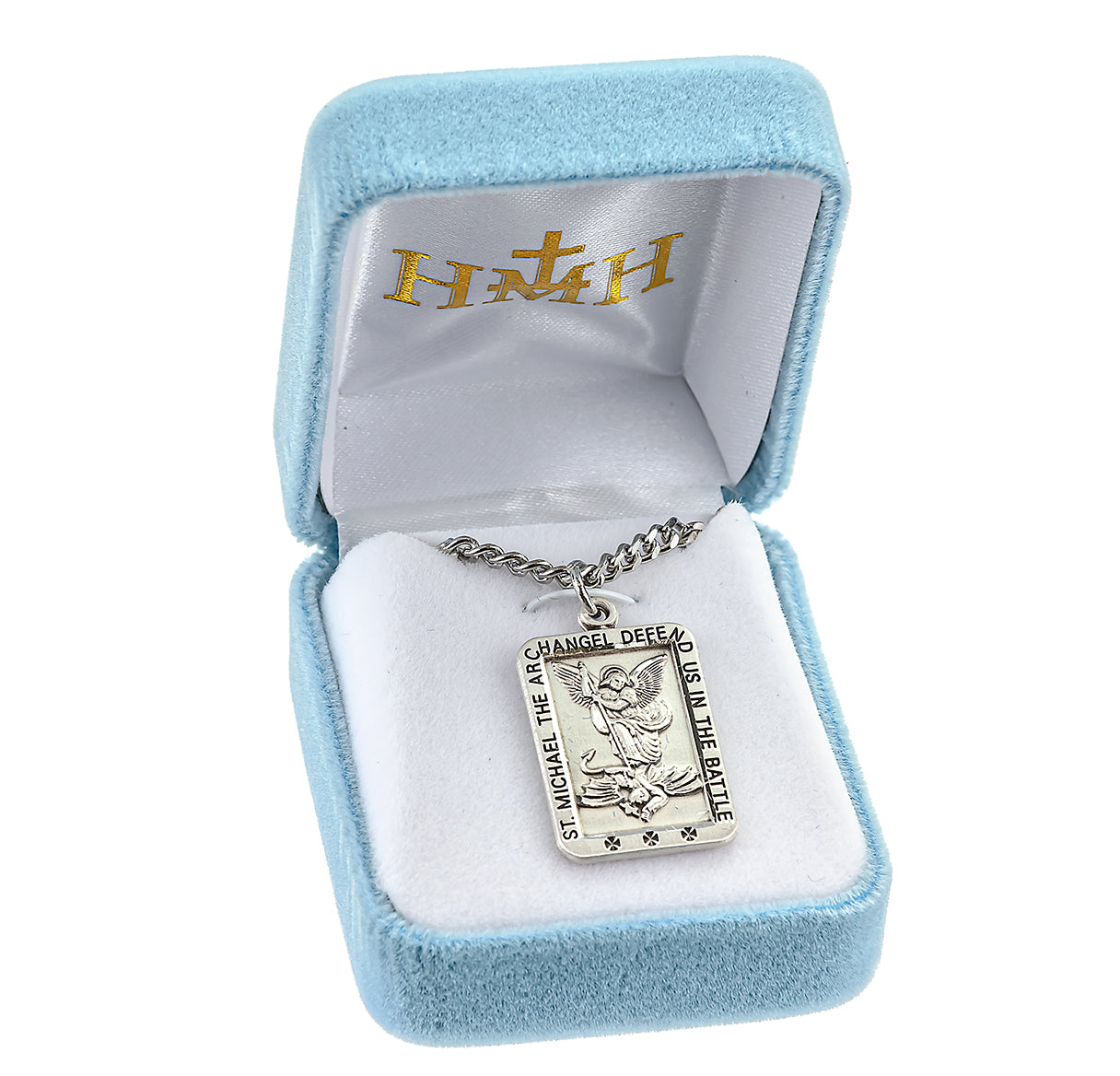 Saint Michael the Archangel Slaying Demon Rectangle Sterling Silver Medal Pendant with Chain