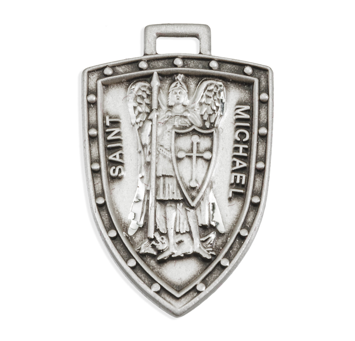 Saint Michael the Archangel Slaying Demon Sterling Silver Shield Medal Pendant with Chain