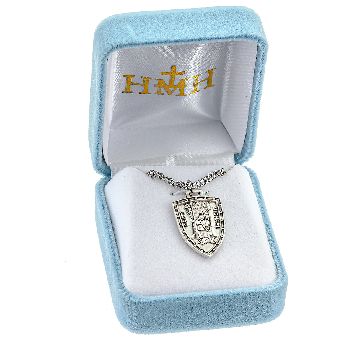 Saint Michael the Archangel Slaying Demon Sterling Silver Shield Medal Pendant with Chain