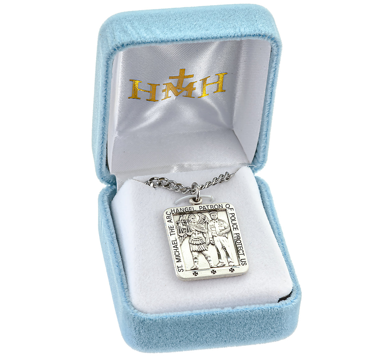 Saint Michael the Archangel Slaying Demon Square Sterling Silver Medal Pendant with Chain
