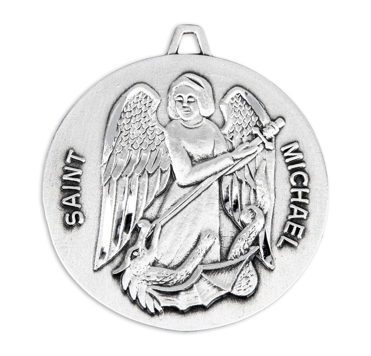 Saint Michael the Archangel Slaying Demon Round Sterling Silver Medal Pendant with Chain