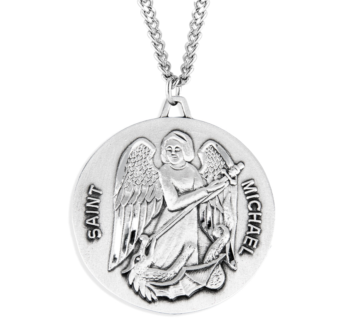 Saint Michael the Archangel Slaying Demon Round Sterling Silver Medal Pendant with Chain