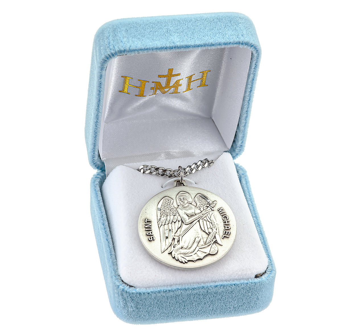 Saint Michael the Archangel Slaying Demon Round Sterling Silver Medal Pendant with Chain