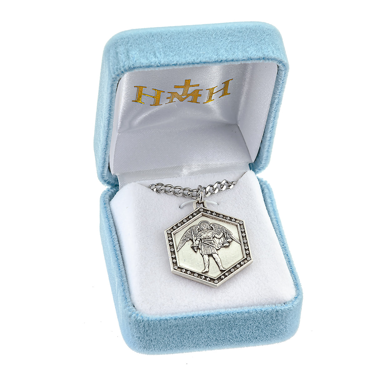 Saint Michael the Archangel Slaying Demon the Archangel Sterling Silver Hexagon Medal Pendant with Chain