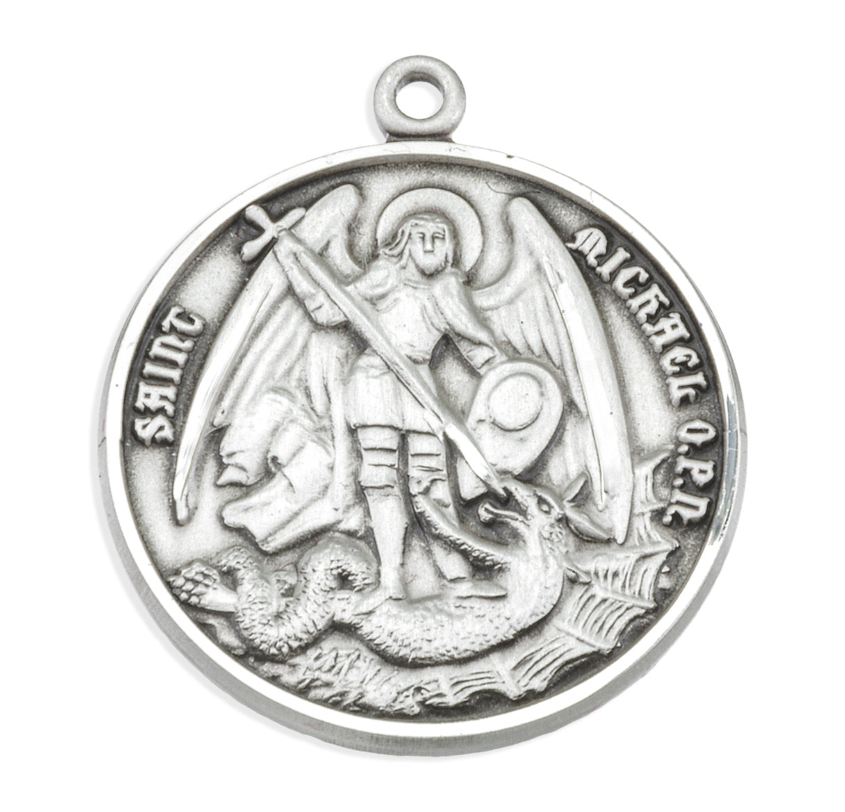 Saint Michael the Archangel Slaying Demon Round Sterling Silver Medal Pendant with Chain