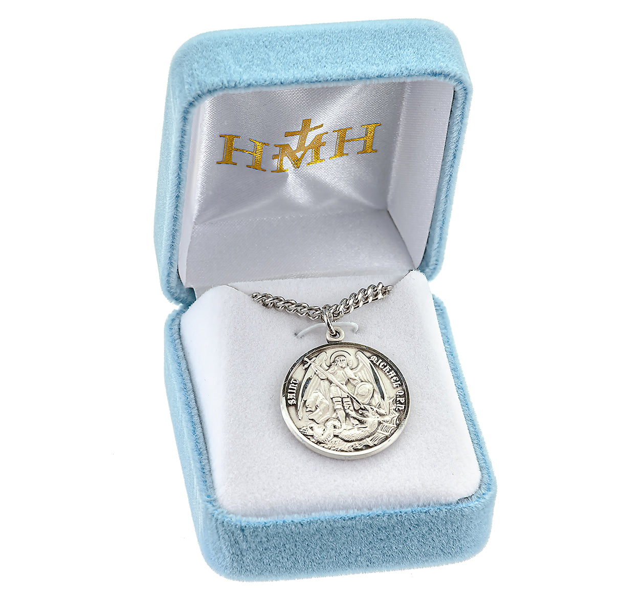 Saint Michael the Archangel Slaying Demon Round Sterling Silver Medal Pendant with Chain