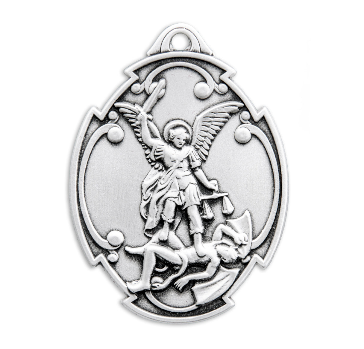 Saint Michael the Archangel Slaying Demon the Archangel in Styled Cross Shield Medal Pendant with Chain