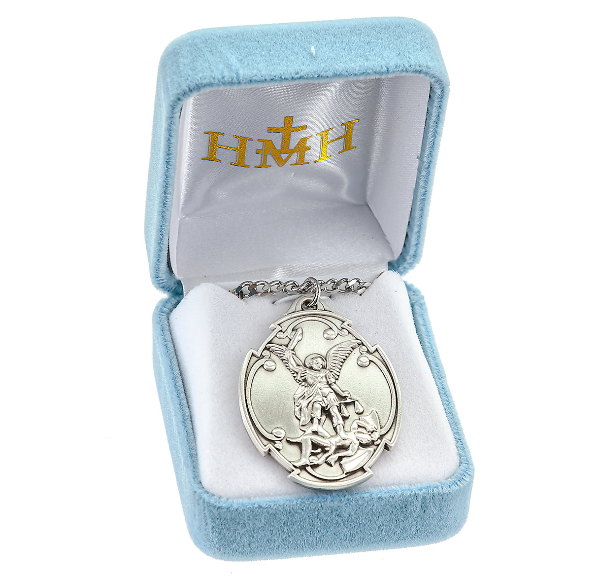 Saint Michael the Archangel Slaying Demon the Archangel in Styled Cross Shield Medal Pendant with Chain