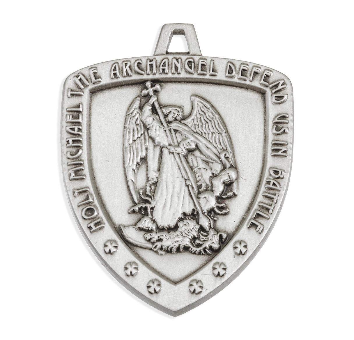 Saint Michael the Archangel Slaying Demon Sterling Silver Shield Medal Pendant with Chain
