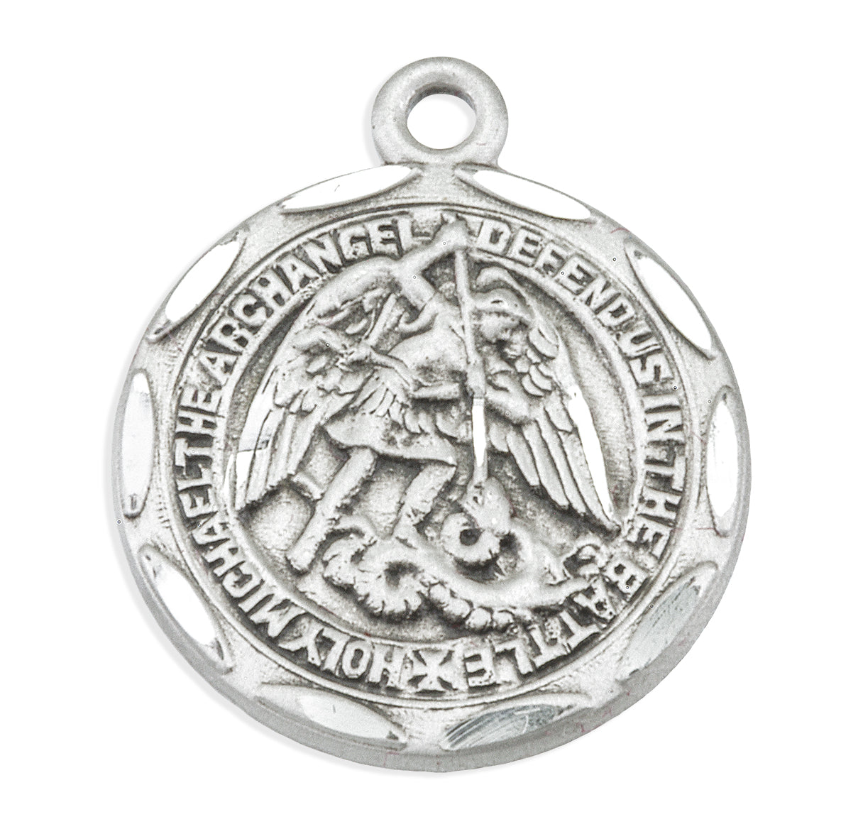 Saint Michael the Archangel Slaying Demon Round Sterling Silver Medal Pendant with Chain
