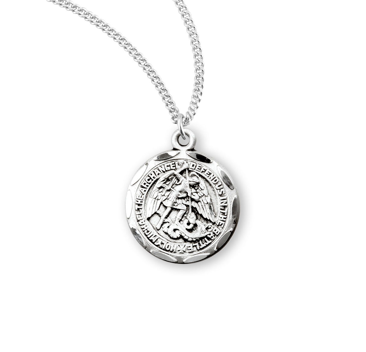 Saint Michael the Archangel Slaying Demon Round Sterling Silver Medal Pendant with Chain