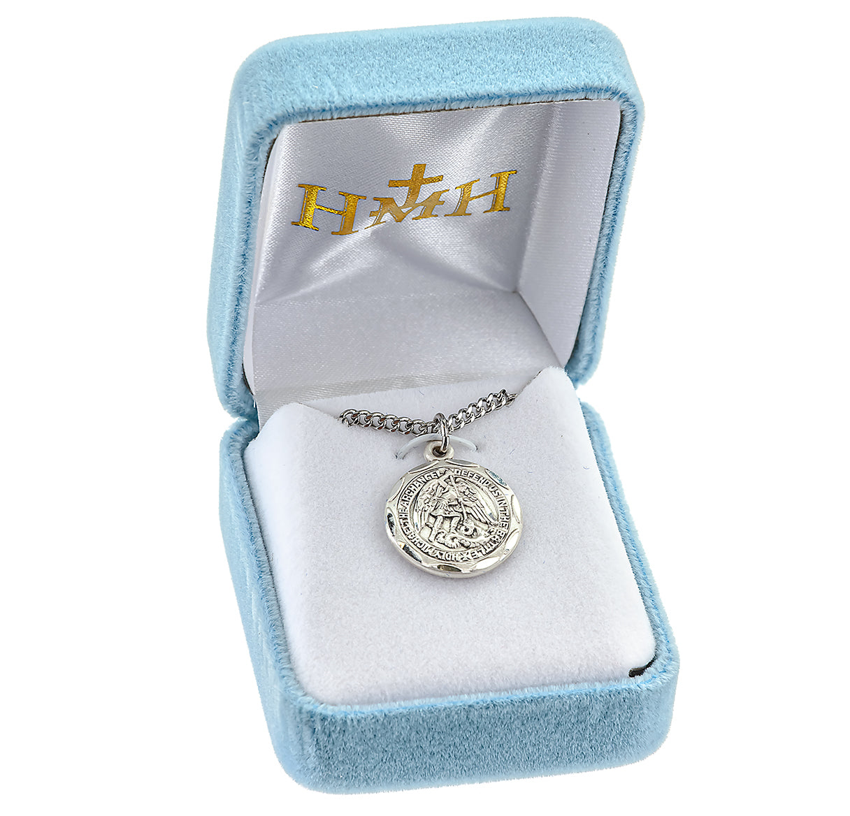 Saint Michael the Archangel Slaying Demon Round Sterling Silver Medal Pendant with Chain