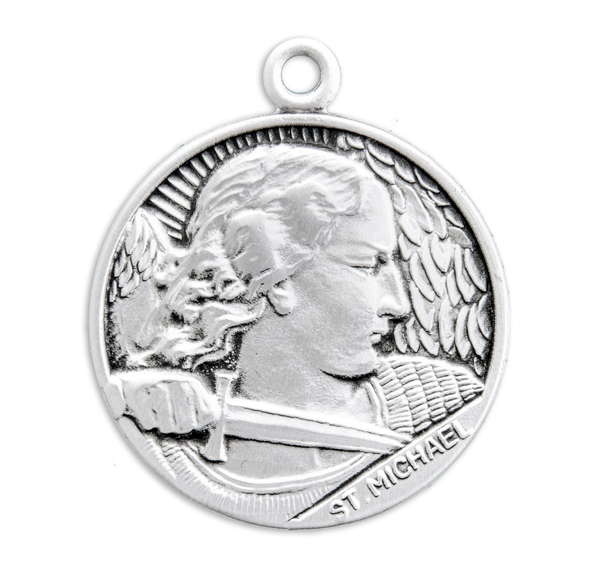Saint Michael the Archangel Slaying Demon Round Sterling Silver Medal Pendant with Chain