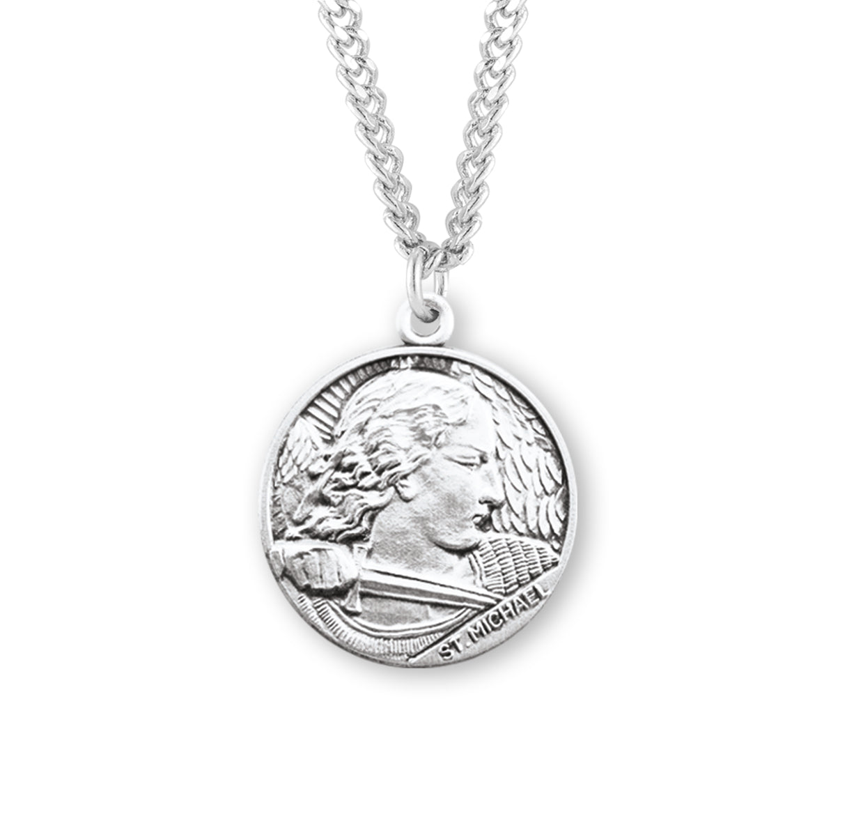 Saint Michael the Archangel Slaying Demon Round Sterling Silver Medal Pendant with Chain