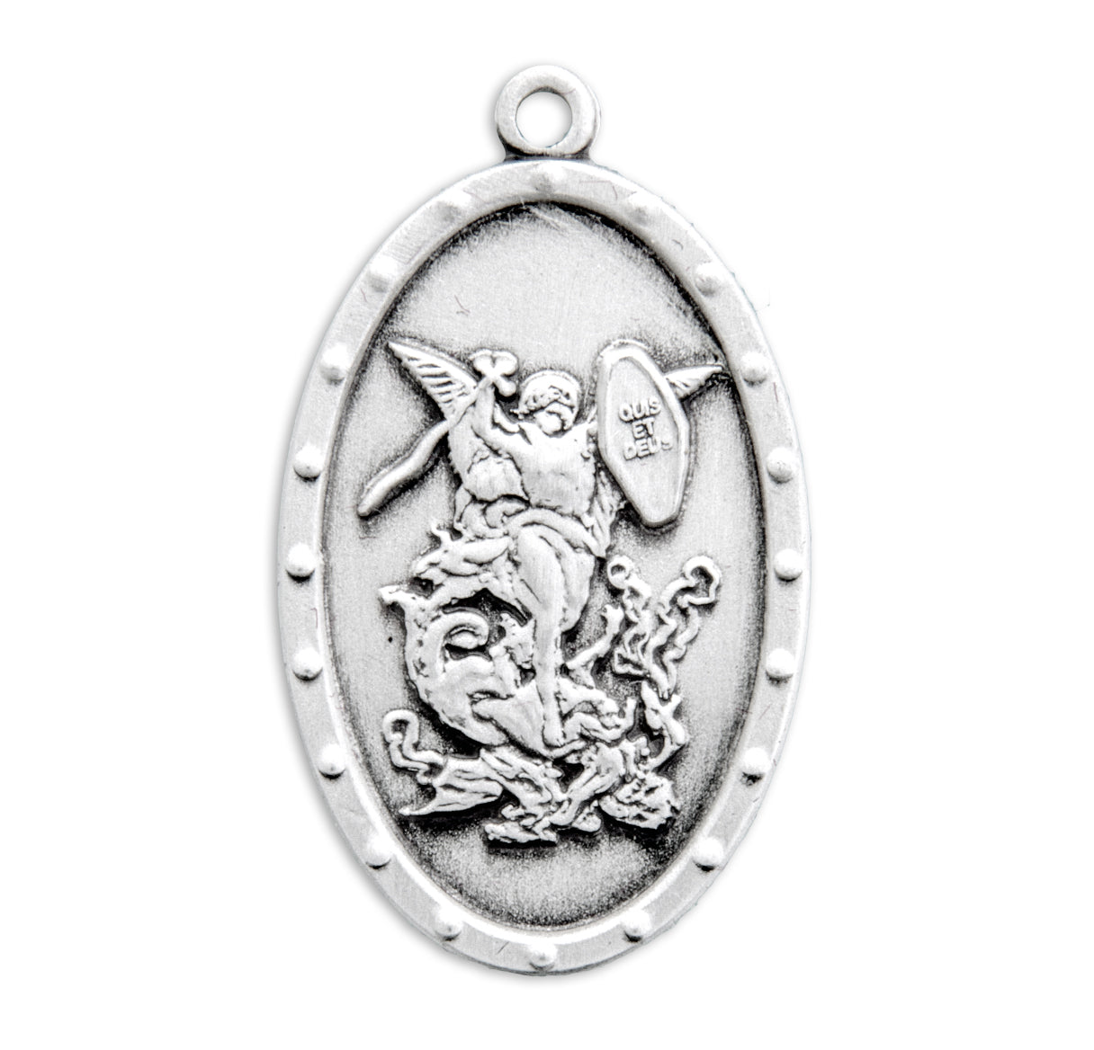 Saint Michael the Archangel Slaying Demon Sterling Silver Oval Shield Medal Pendant with Chain