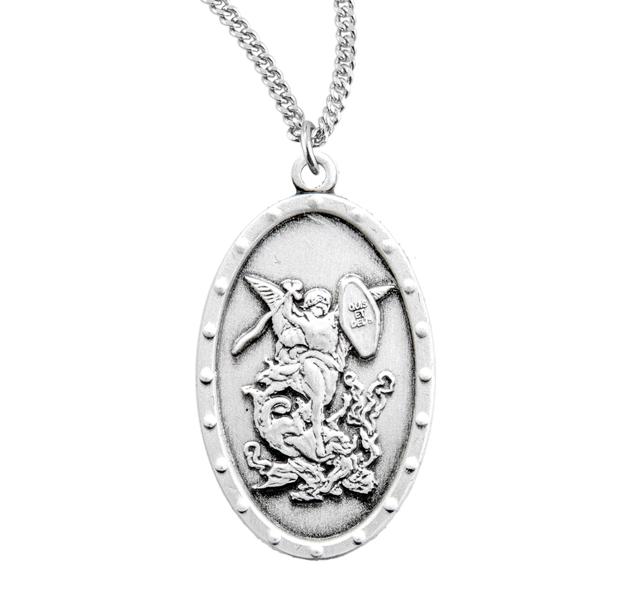 Saint Michael the Archangel Slaying Demon Sterling Silver Oval Shield Medal Pendant with Chain