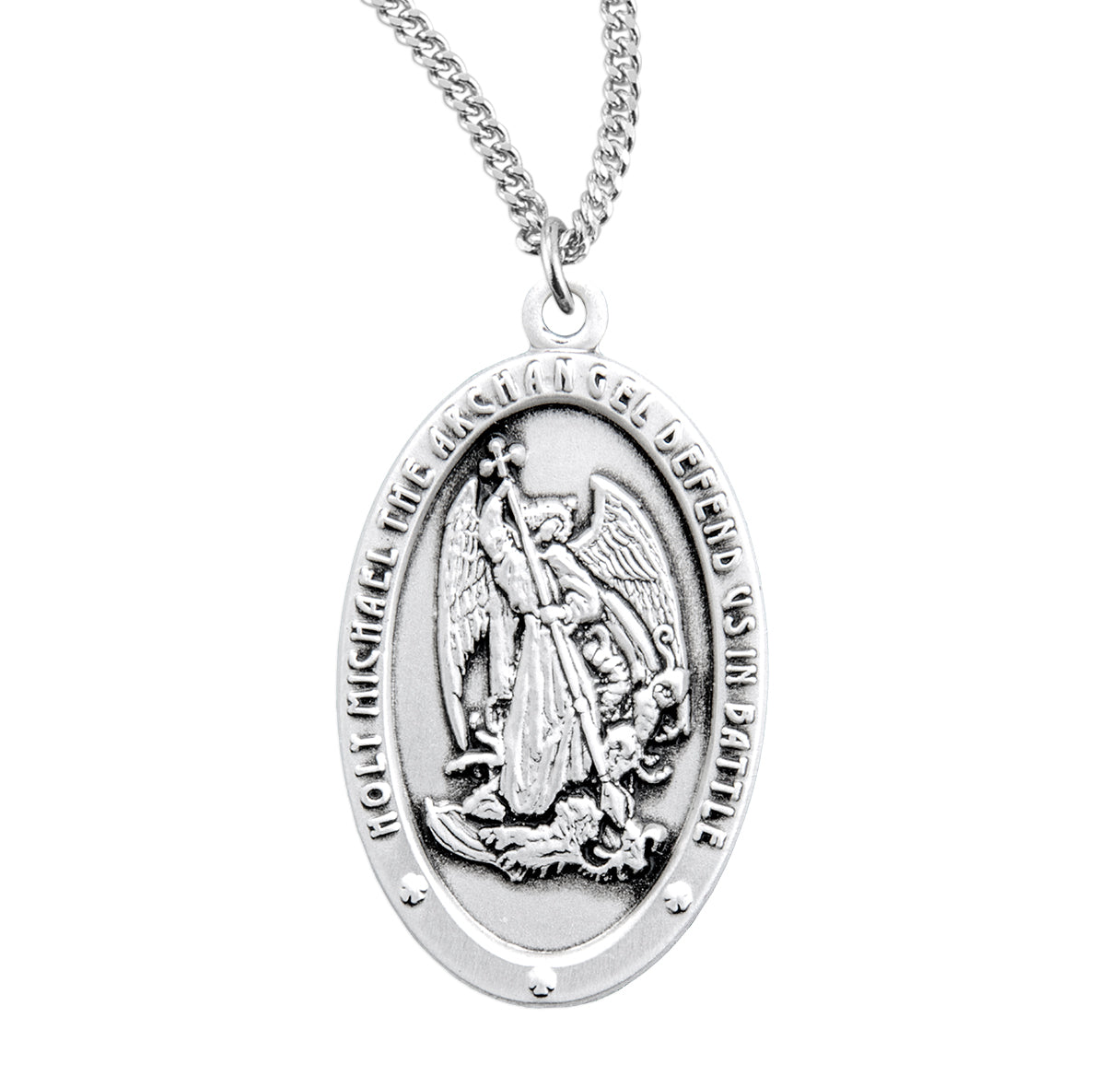 Saint Michael the Archangel Slaying Demon Archangel Oval Sterling Silver Medal Pendant with Chain
