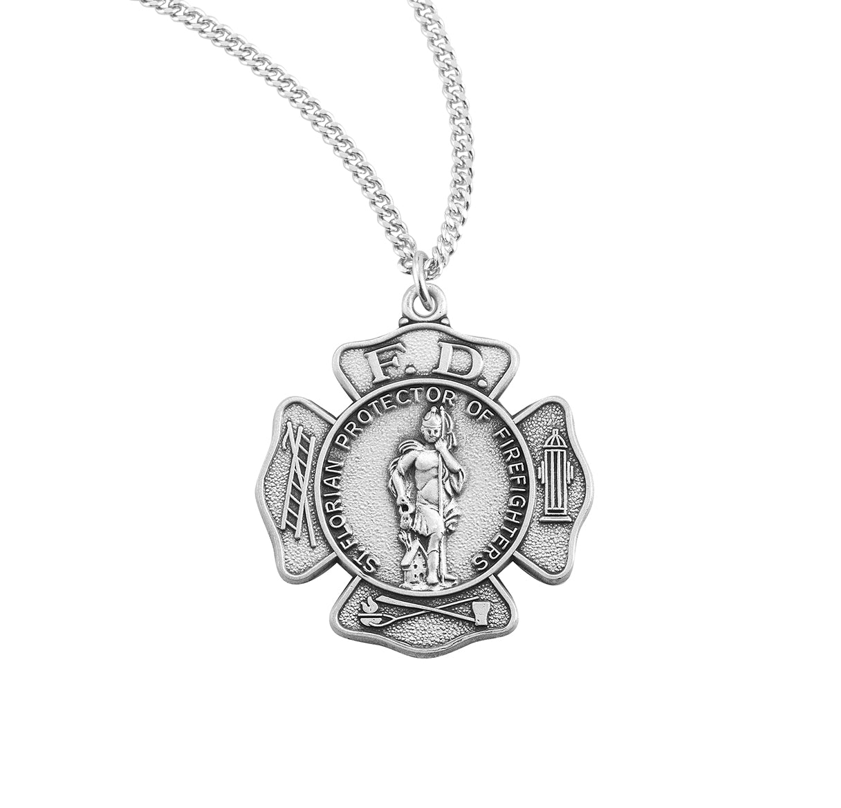 Saint Florian Sterling Silver Firefighters Medal Pendant with Chain