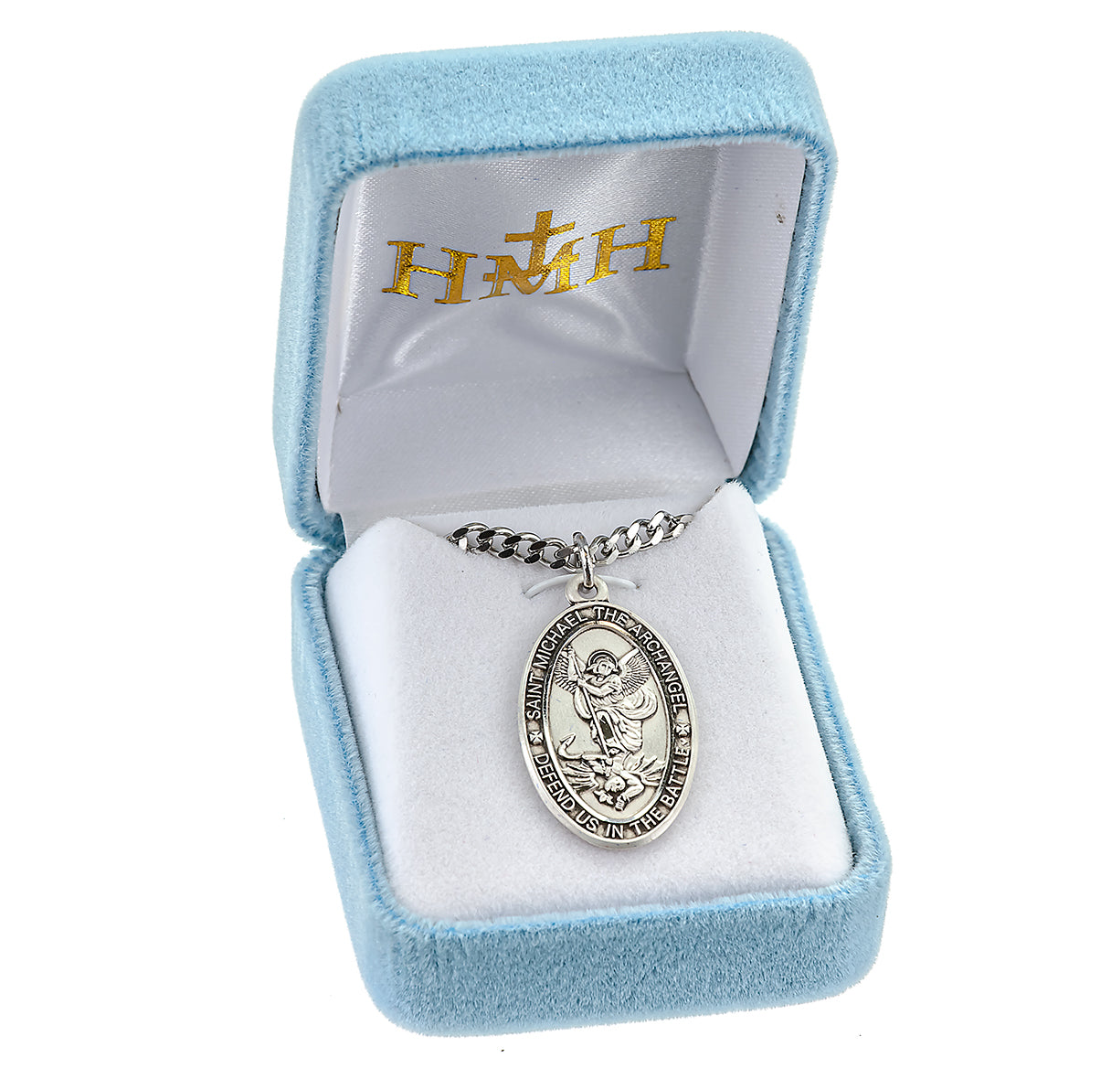 Saint Michael the Archangel Slaying Demon Oval Sterling Silver Medal Pendant with Chain