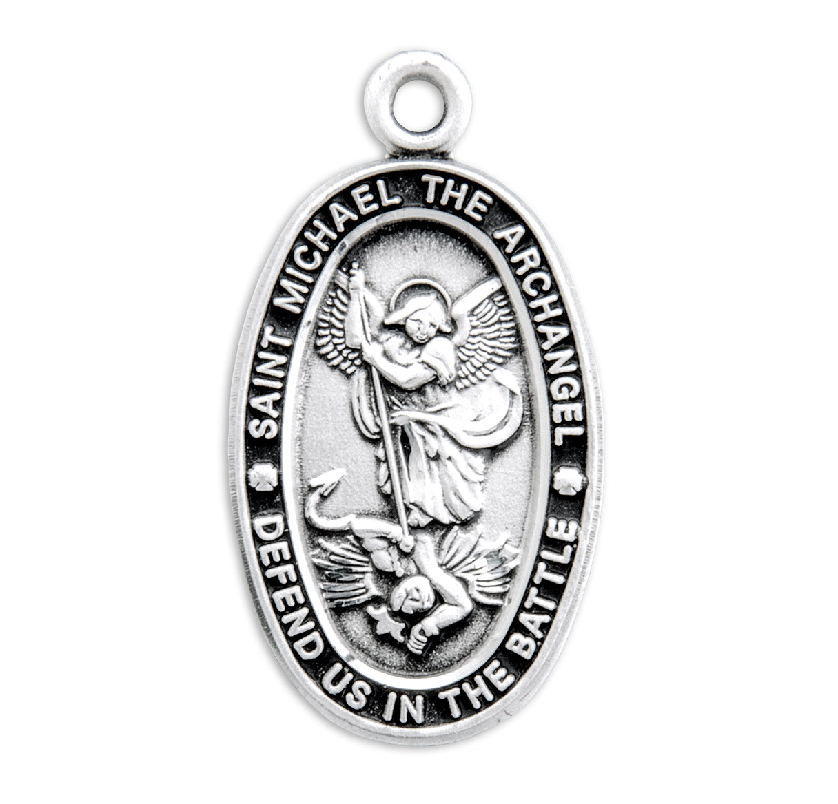 Saint Michael the Archangel Slaying Demon Oval Sterling Silver Medal Pendant with Chain