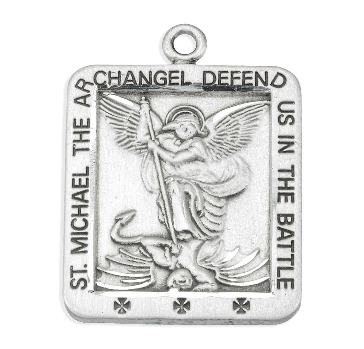 Saint Michael the Archangel Slaying Demon Square Sterling Silver Medal Pendant with Chain