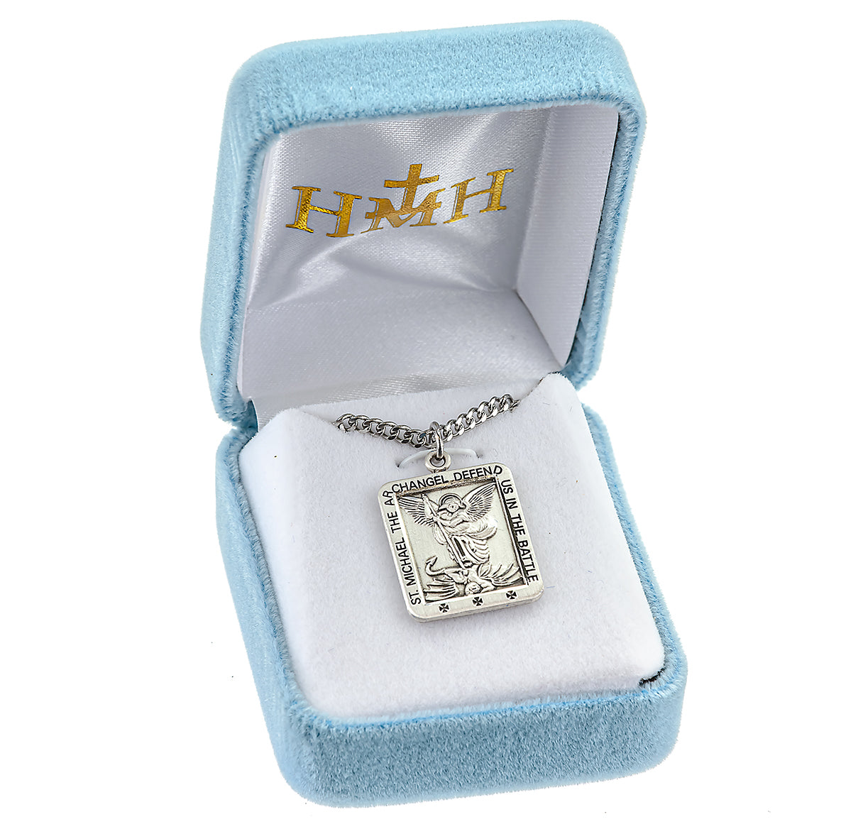 Saint Michael the Archangel Slaying Demon Square Sterling Silver Medal Pendant with Chain