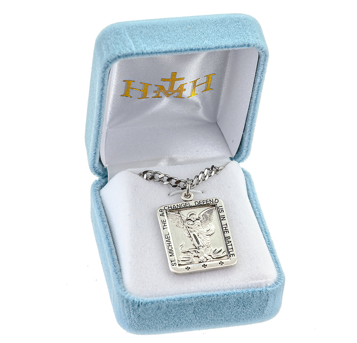 Saint Michael the Archangel Slaying Demon Square Sterling Silver Medal Pendant with Chain