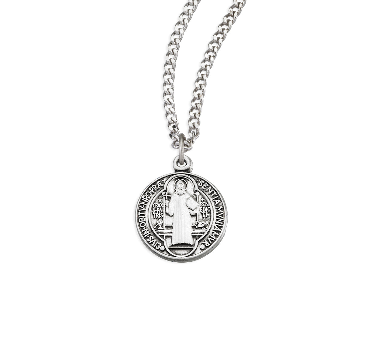Saint Benedict Protection Round Sterling Silver Medal Pendant with Chain
