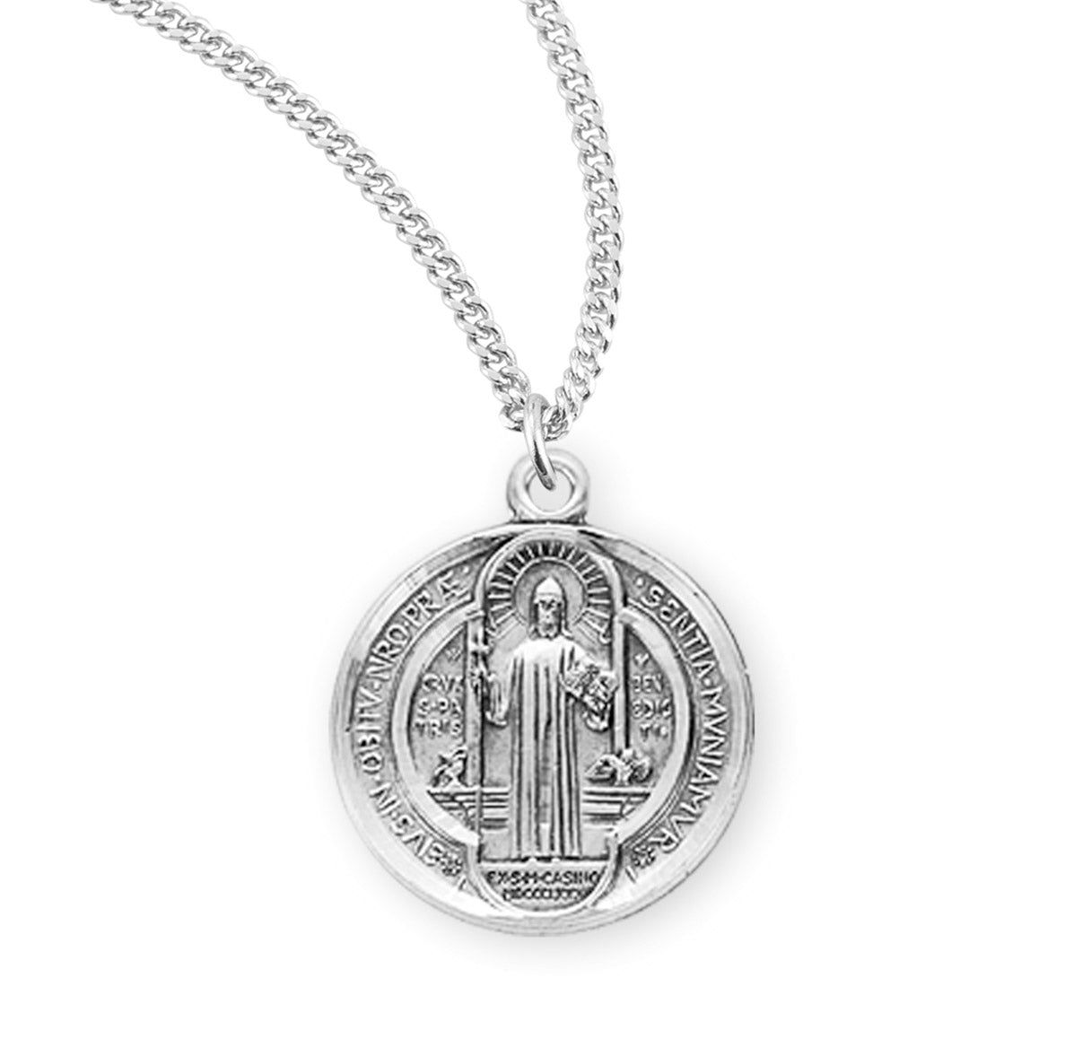 Saint Benedict Protection Round Jubilee Sterling Silver Medal Pendant with Chain