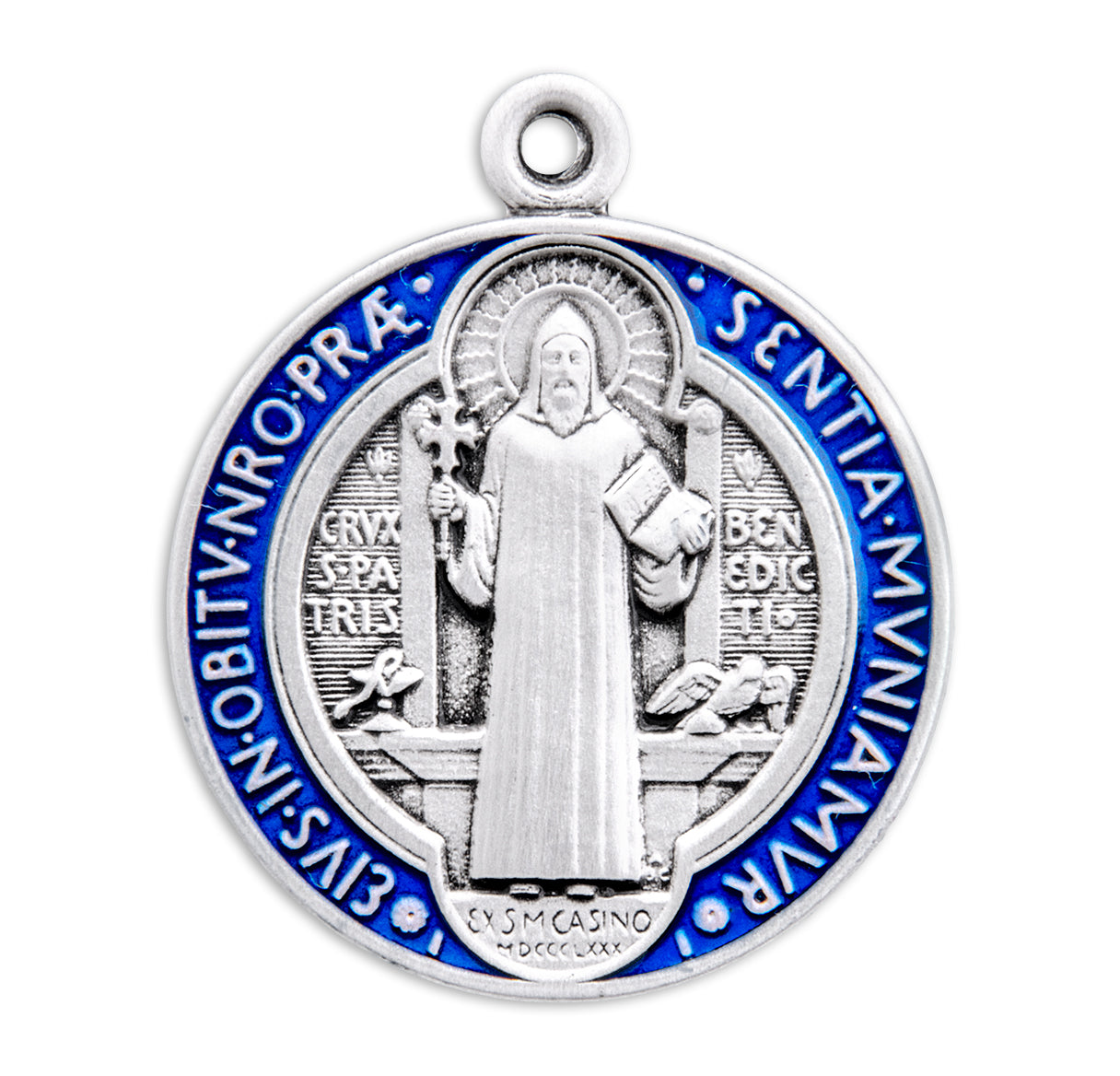 Saint Benedict Protection Round Blue and Red Enameled Jubilee Sterling Silver Medal Pendant with Chain