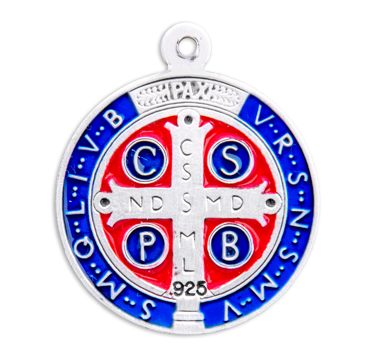 Saint Benedict Protection Round Blue and Red Enameled Jubilee Sterling Silver Medal Pendant with Chain