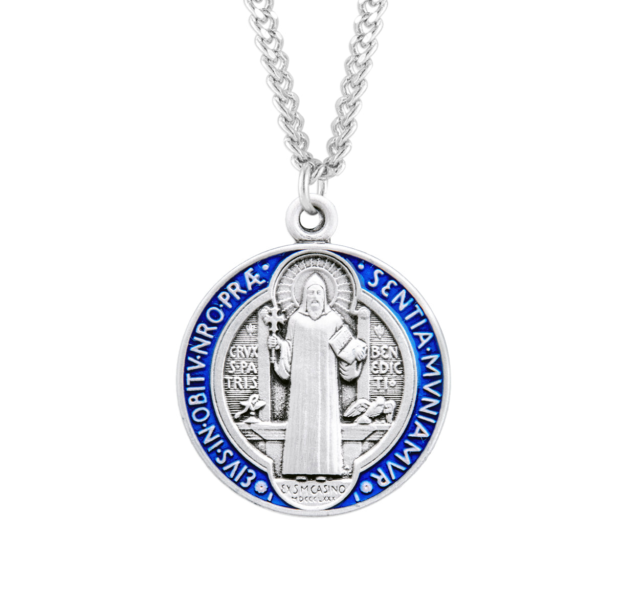 Saint Benedict Protection Round Blue and Red Enameled Jubilee Sterling Silver Medal Pendant with Chain