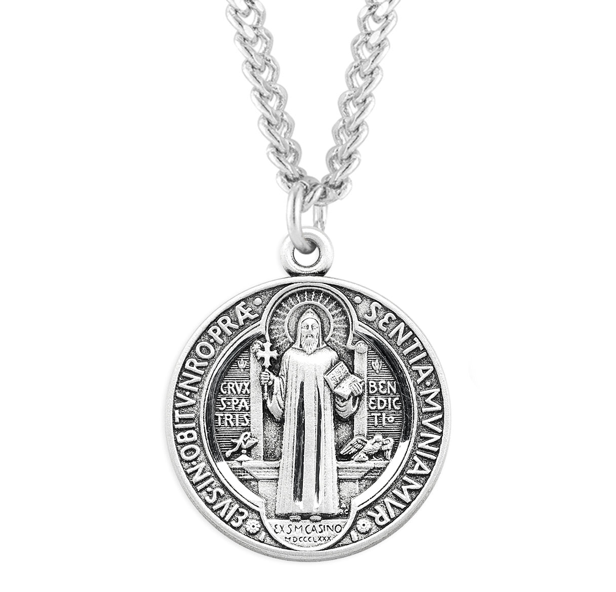 Saint Benedict Protection Round Sterling Silver Medal Pendant with Chain