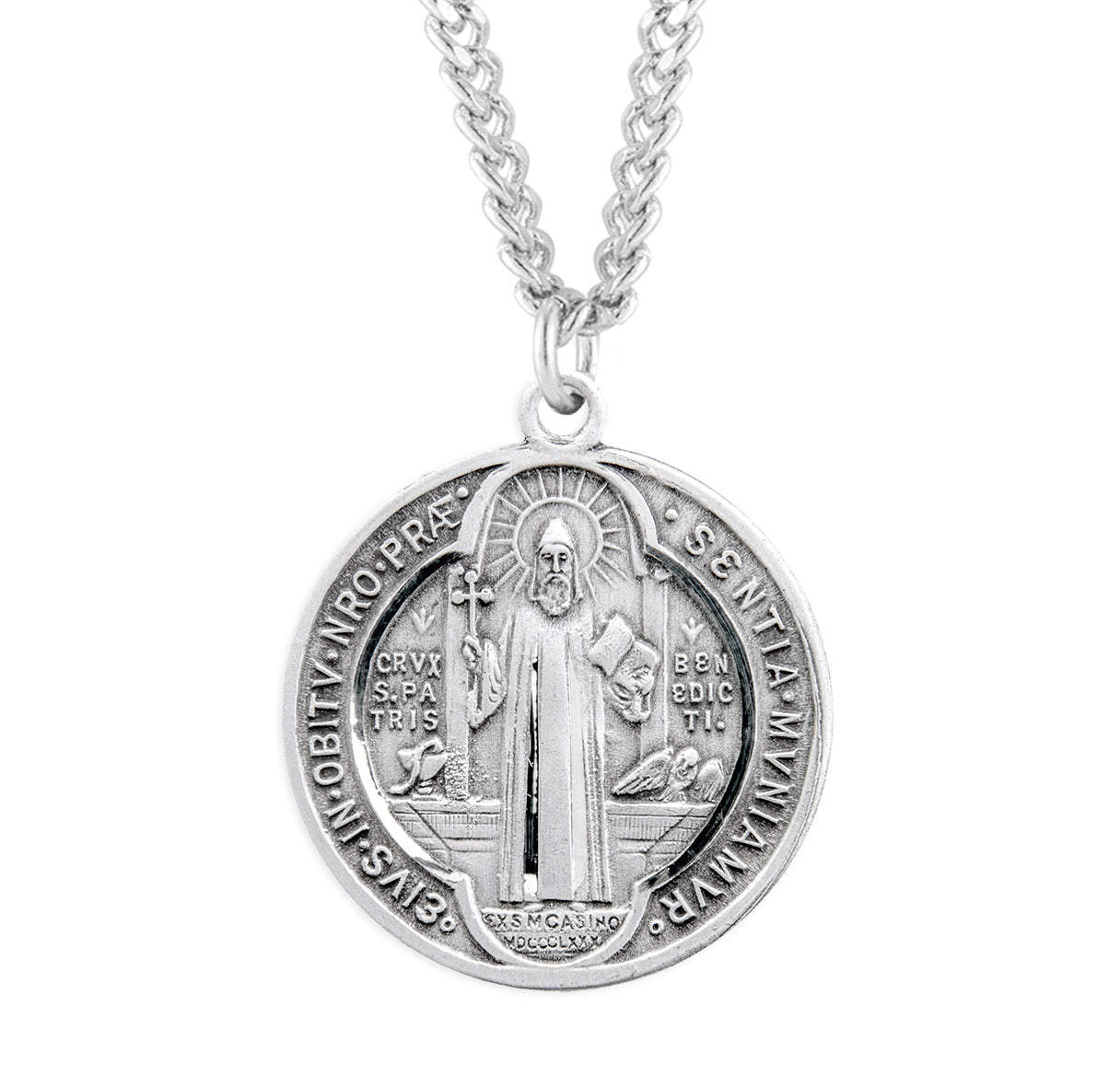 Saint Benedict Protection Round Jubilee Sterling Silver Medal Pendant with Chain