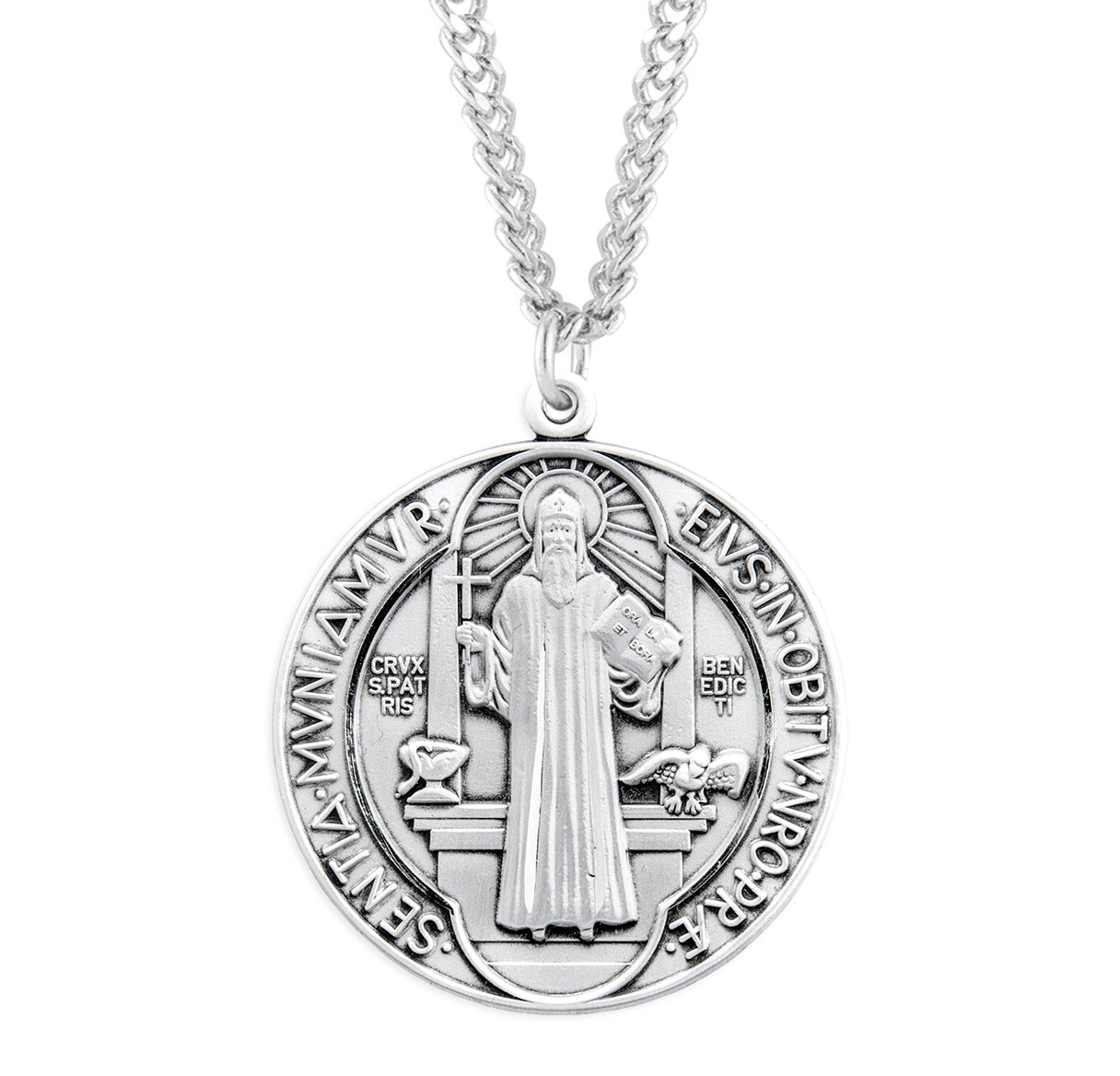Saint Benedict Protection Round Jubilee Sterling Silver Medal Pendant with Chain