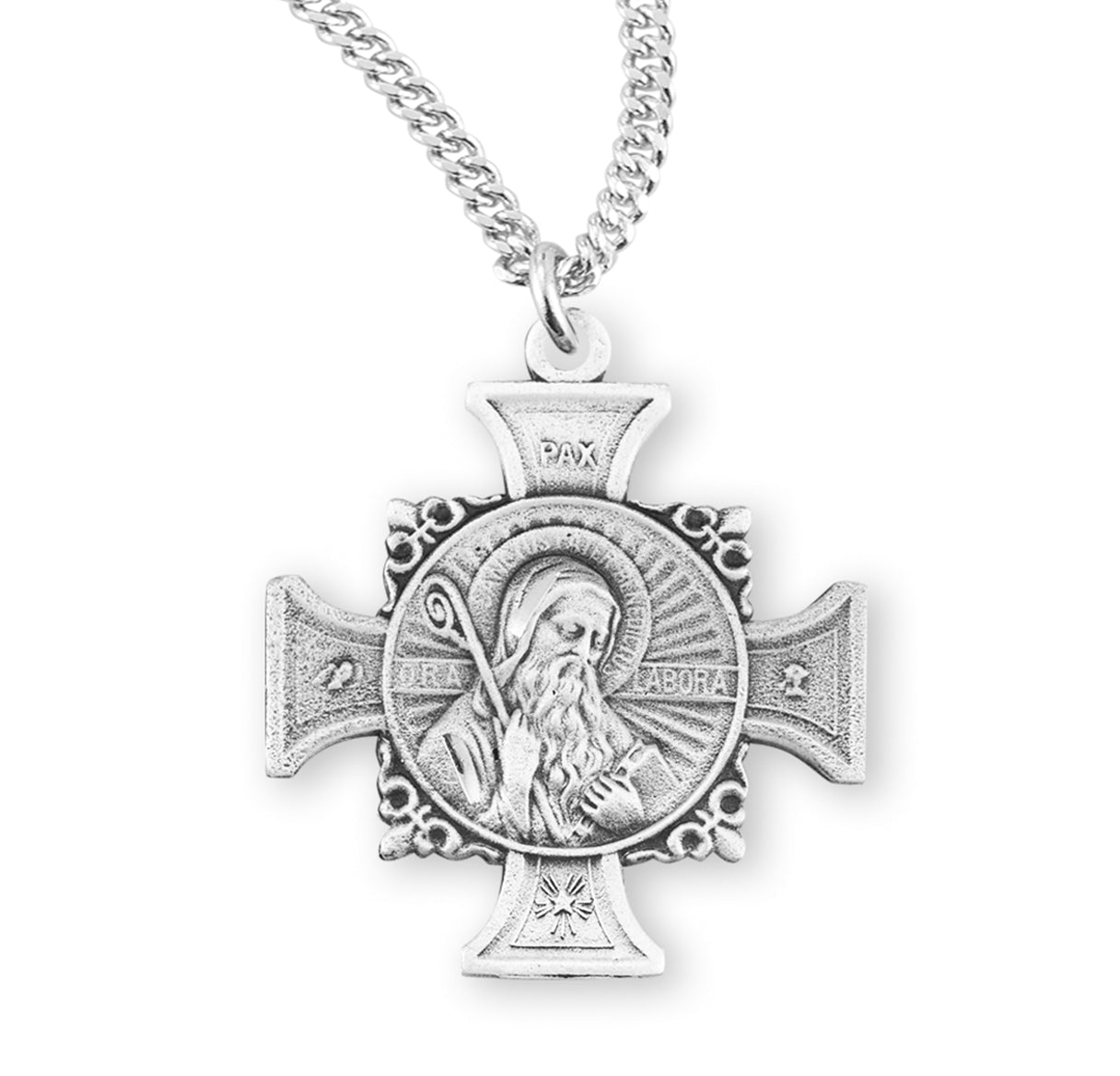Saint Benedict Protection Bust-Cross Sterling Silver Medal Pendant with Chain