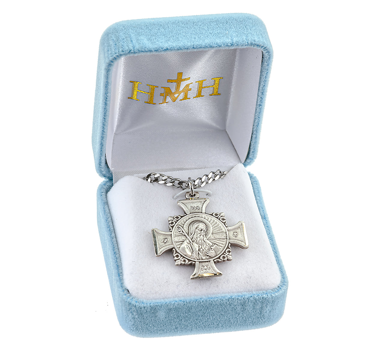 Saint Benedict Protection Bust-Cross Sterling Silver Medal Pendant with Chain