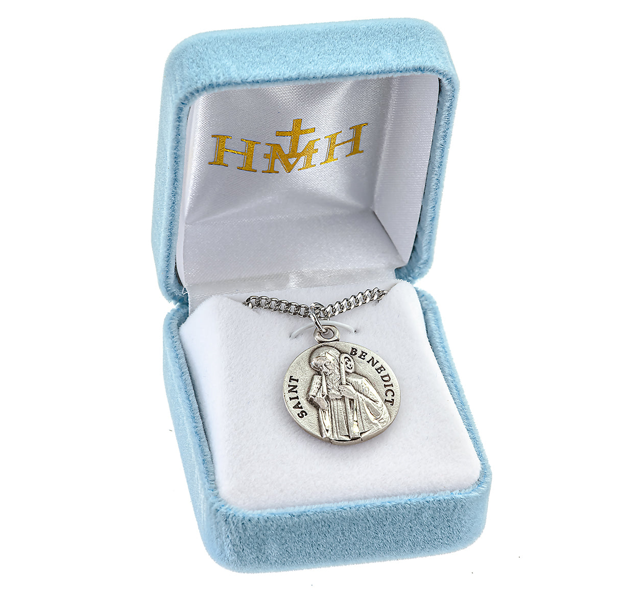 Saint Benedict Protection Round Sterling Silver Medal Pendant with Chain