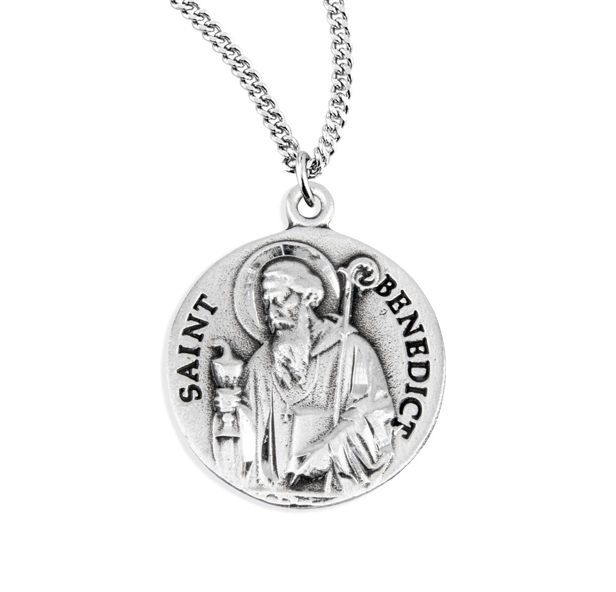 Saint Benedict Protection Round Sterling Silver Medal Pendant with Chain
